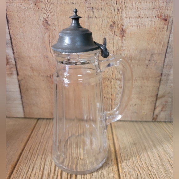 Vintage GLASS Lidded Lid Syrup Pitcher Ribbed Columns - Picture 3 of 10